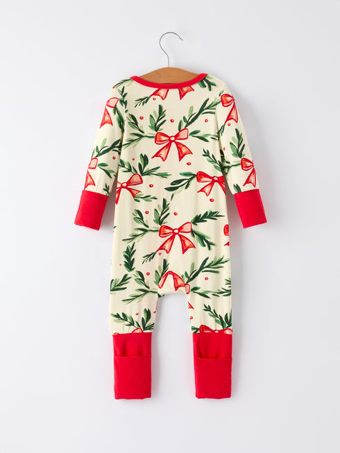 Mommy & Me Christmas Bow and Holly Print Pajama Girls Romper